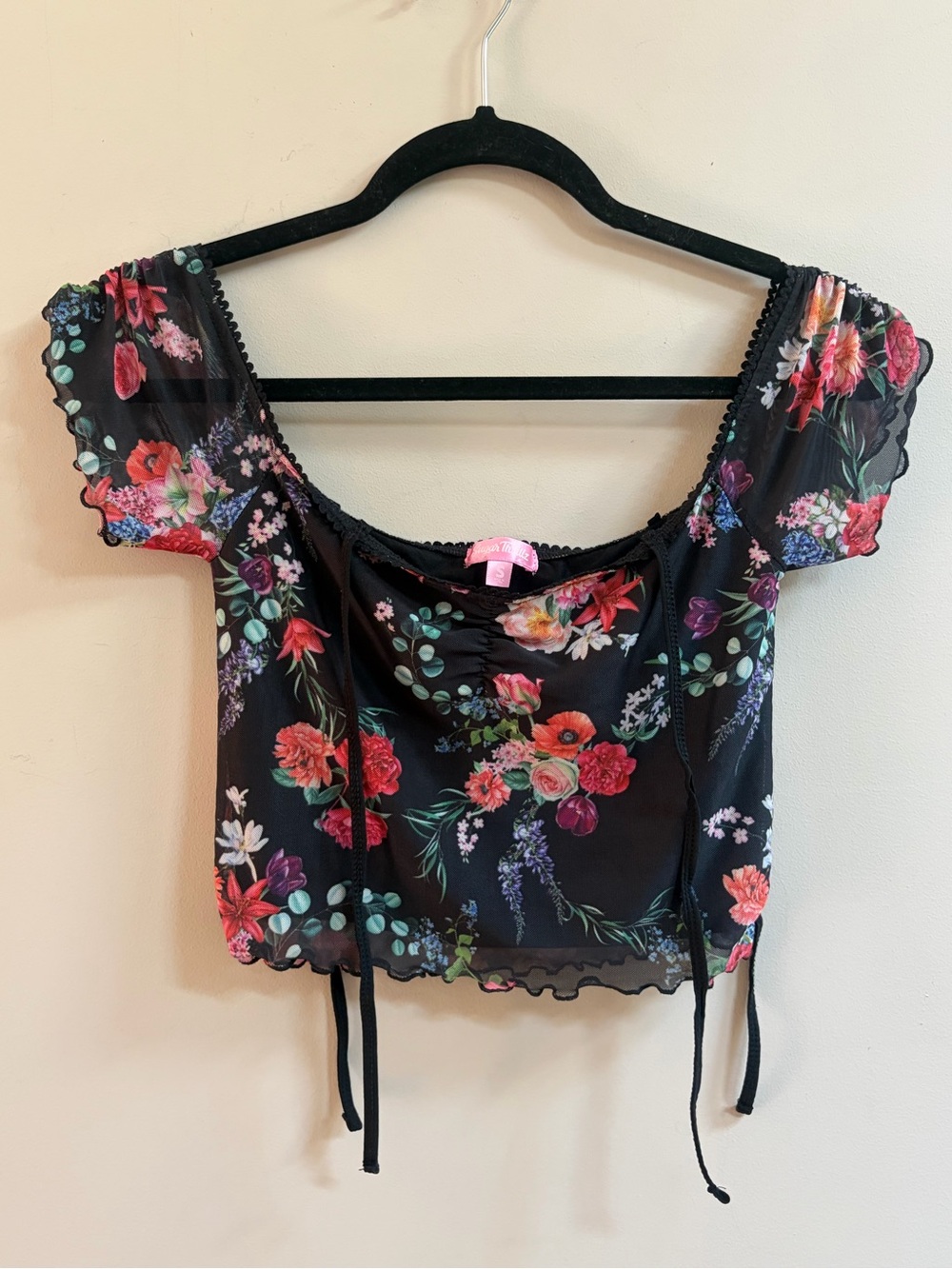 Sugar Thrillz Black Floral Mesh Off the Shoulder Crop Top Whimsigoth Babydoll